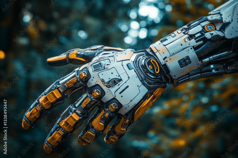 Poster advanced robotic hand showcasing intricate design and mechanical components in a futuristic setting