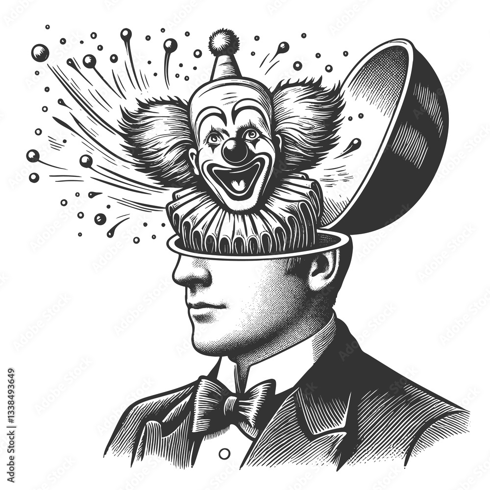 Poster man in a suit with his head opening like a lid, revealing a laughing clown bursting out in a surreal