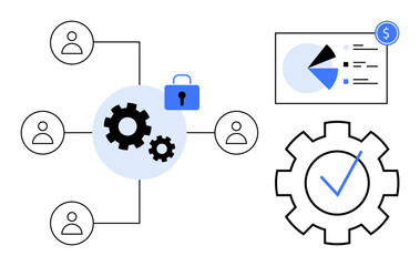 Interconnected users with gears, lock, chart, and gear checkmark visualizing data security, collaboration, analytics, and process efficiency. Ideal for digital tools, technology teamwork security