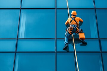 Industrial Rope Access Worker Cleaning Modern Building Facade