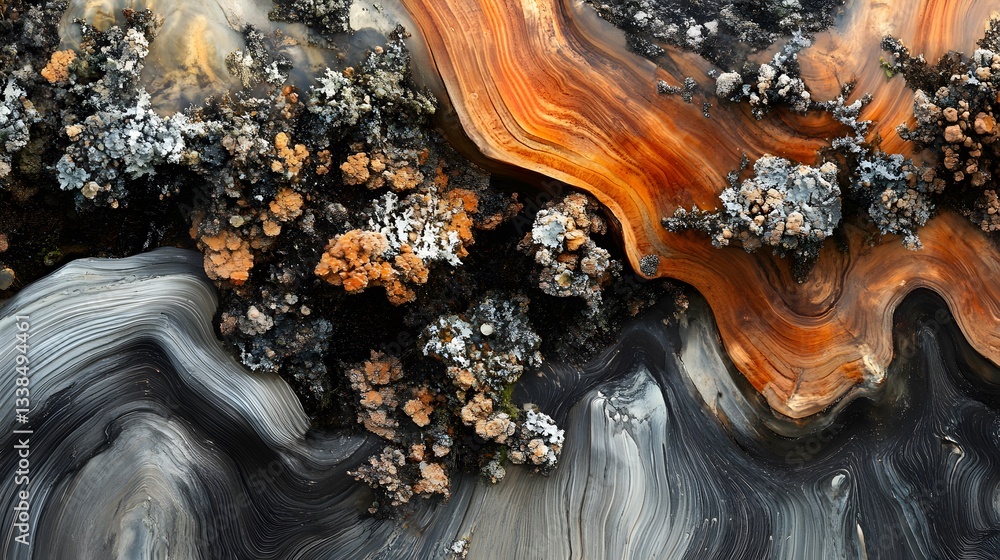 Aufkleber colorful lichen growing on petrified wood creating abstract patterns
