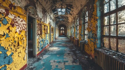 Fototapeta premium Decaying interior hallway showcasing damaged walls with chipped paint details