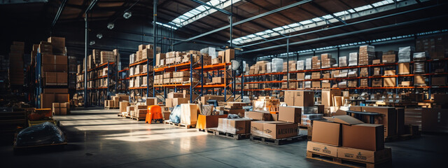 Retail Warehouse full of Shelves with Goods in Cardboard Boxes and Packages.