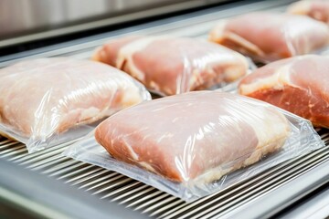 Close-up of plastic-sealed fresh meat portions, perfectly arranged on a conveyor belt in a modern food processing plant, high detail, sharp focus
