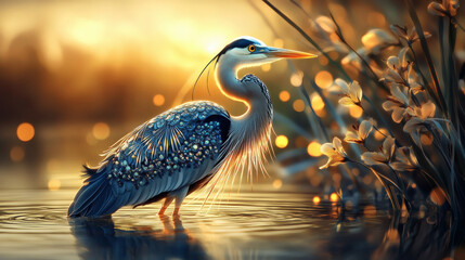 Great blue heron standing in water at golden hour with blurred background of reeds and flowers.