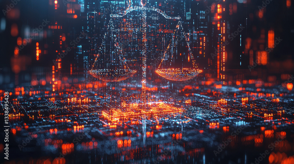 Poster balancing human values with artificial intelligence decisions through a futuristic digital scale con