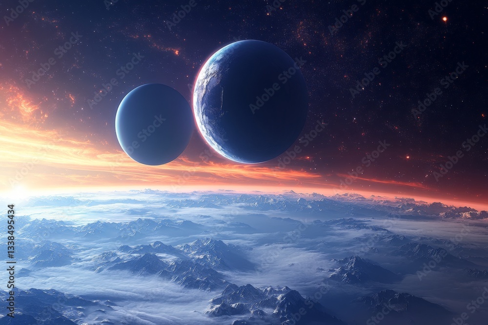 Fototapete celestial landscape featuring two planets hovering over a cloud-covered terrain during twilight in a