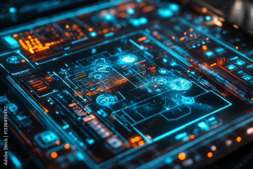 Poster Futuristic technology interface with glowing elements showing data analysis in a dark environment
