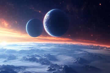 Celestial landscape featuring two planets hovering over a cloud-covered terrain during twilight in a distant galaxy