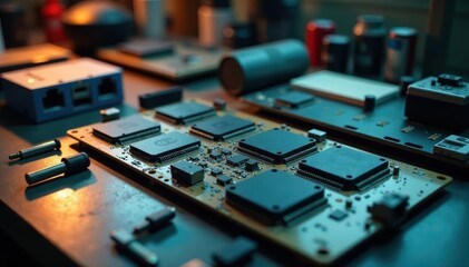 Circuit boards, wires, and electronic components on a workbench, board, lab