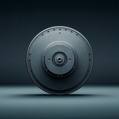 Close-up of a dark gray industrial circular component with central hub and bolts, set against a dark background.