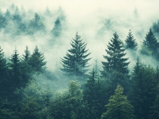 Fototapeta premium Misty Forest Landscape with Evergreen Trees and Foggy Atmosphere Serene Nature Scene in Woodland Environment Tranquil Scenery with Pine Trees and Haze