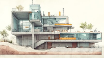 Fototapeta premium Architectural cross section drawing of a modern concrete and glass house