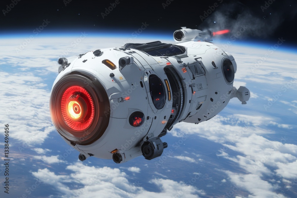 Poster Spaceship gliding through the atmosphere above Earth with visible jet flames and clouds in the background