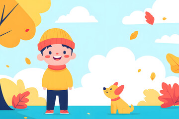 Naklejka premium Child painter painting in autumn forest, illustration of outdoor activity scene in Beginning of Autumn festival