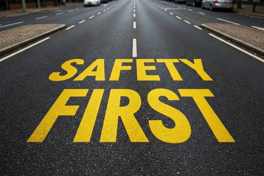 Yellow Painted Safety First Sign Located on a Road Surface