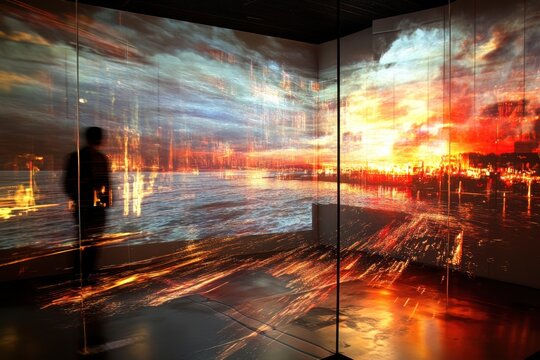 Exquisite light display in an immersive art installation at an urban gallery during twilight