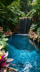 Tranquil tropical oasis with cascading waterfall and lush greenery