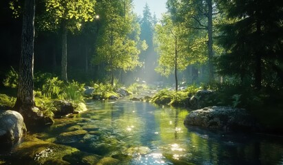 Obraz premium Magical Forest Stream with Light Reflections and Green Foliage