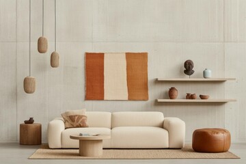 A minimalist living room featuring a soft beige sofa, earthy decorations, and warm shades, creating a cozy and inviting atmosphere perfect for modern interior design