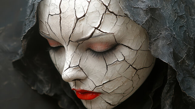 Cracked porcelain mask reveals deep emotional detachment and hidden identity of narcissism