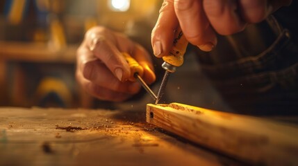 Obraz premium Skilled Carpenter at Work. Precision in woodworking concept
