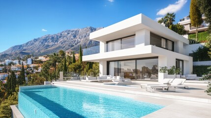 Fototapeta premium A white contemporary house with an infinity-edge swimming pool and a spectacular view of the mountains.