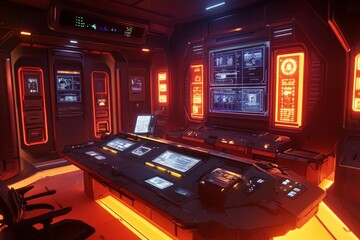Interior of futuristic space station control room with glowing screens and consoles, illuminated by a red light