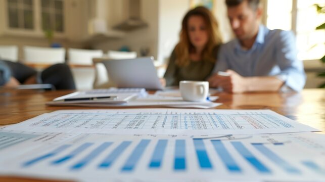 Budget planning discussion between a couple focused on their family's financial future in a cozy home setting