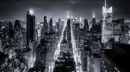 Nighttime Aerial View of Manhattan Skyline: A Stunning Black and White Panorama of New York City