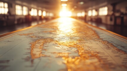 Grand world map, sunlit corridor