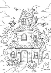 Halloween Cartoon house Illustration for Coloring page