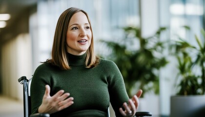 Confident businesswoman in wheelchair leading discussion in modern office