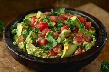 Fresh guacamole with vibrant tomatoes and herbs in rustic bowl,