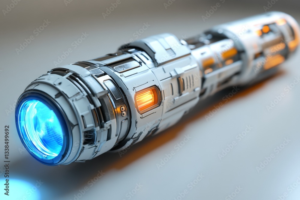 Poster futuristic cylindrical object with blue light and orange glowing element