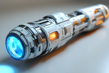 Futuristic cylindrical object with blue light and orange glowing element