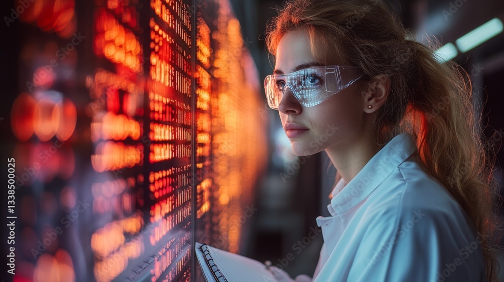 Poster a researcher observes bright quantum simulation data displayed on led panels in a laboratory. wearin