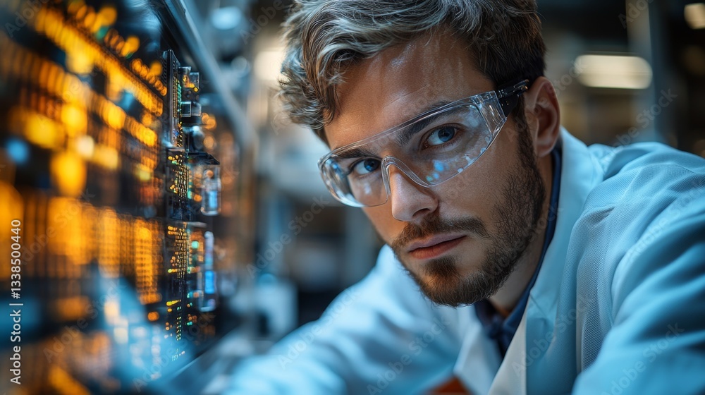 Poster A scientist is intently examining a quantum computing setup, focusing on qubits and their behavior.