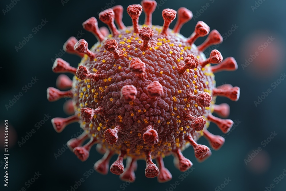 Poster close up of a coronavirus virion showing the spike proteins and outer structure on a dark background