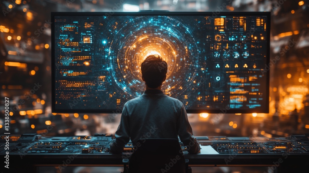 Aufkleber A researcher analyzes quantum computing concepts such as qubits, superposition, and entanglement. They interact with a sophisticated digital interface displaying intricate datasets.