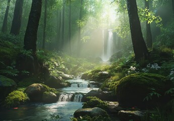 Magical Forest Stream with Light Reflections and Green Foliage