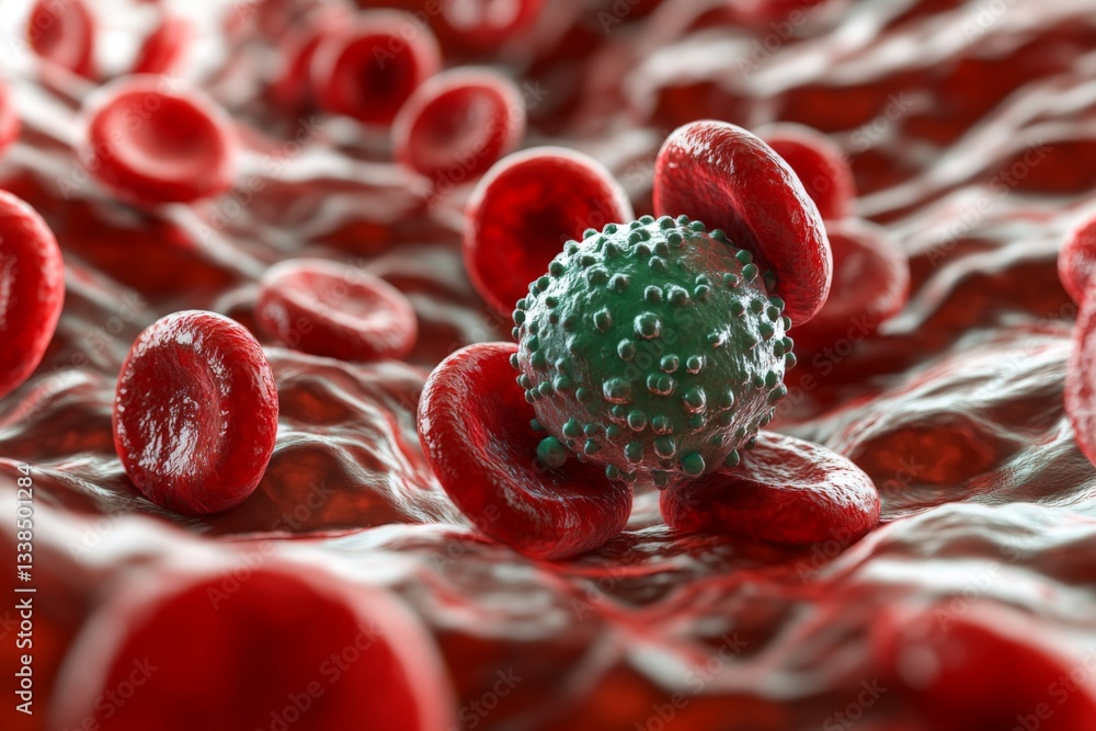Poster microscopic view of red blood cells surrounding a green virus, highlighting infection and cellular i