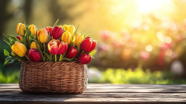 red and yellow tulips in a wicker basket in warm sunlight. Spring flowers bouquet