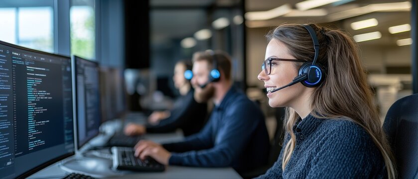 A professional team working at computers, wearing headsets, focused on coding and collaboration in a modern office environment.