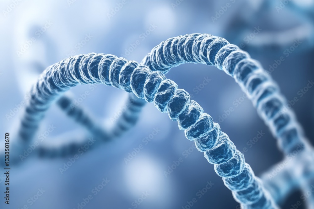 Poster Abstract dna double helix structure close up with shallow depth of field on light blue background