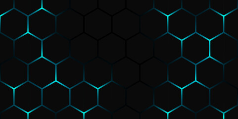 Futuristic Hexagonal Grid Background with Blue Glow. Dark Tech Hexagon Pattern with Neon Light. Hexagon. Vector. 