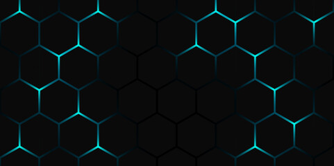 Obraz premium Futuristic Hexagonal Grid Background with Blue Glow. Dark Tech Hexagon Pattern with Neon Light. Hexagon. Vector. 