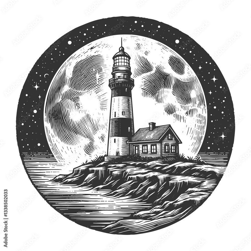 Poster tall lighthouse standing on ocean waves with a massive, cratered moon in the background sketch engra