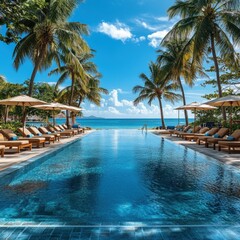 Fototapeta premium Serene tropical resort pool with palm trees and ocean view under a bright blue sky creating a relaxing vacation atmosphere