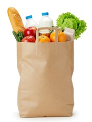 A full grocery paper bag containing various healthy food items